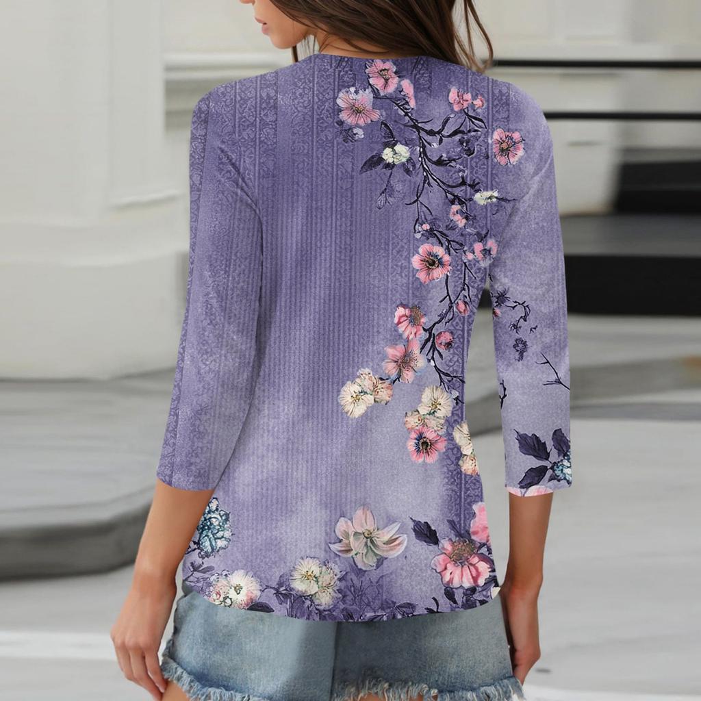 Damen V-Ausschnitt Freizeit Dreiviertelarm Knopf-Detail Top mit Blumenmuster