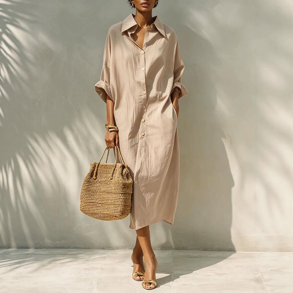 European and American summer new shirt lapel linen one-row button dress solid color casual commuter