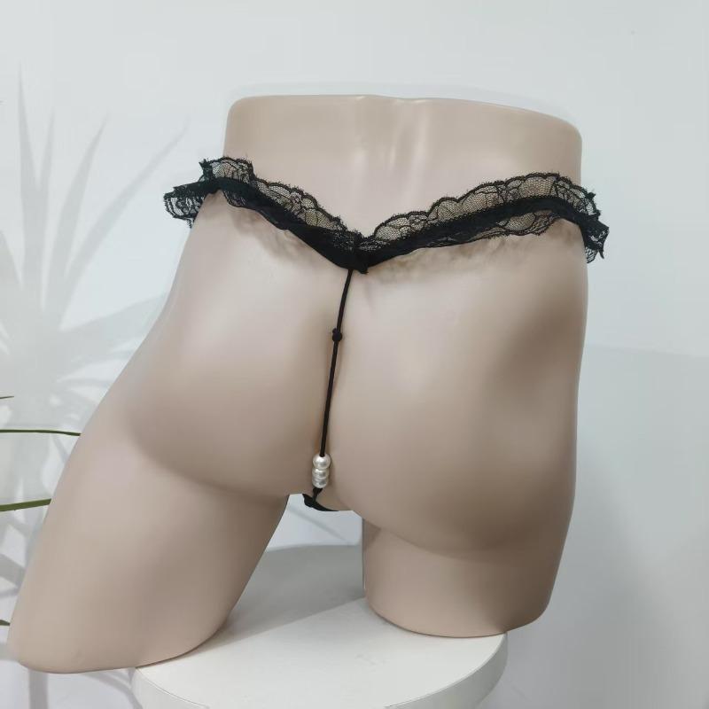 Sissy Lingerie Panties Men'S Pearl Massage T Back Thong Transparent Lace Frilly Mini Pouch G-String Femboy Crossdressers Outfits