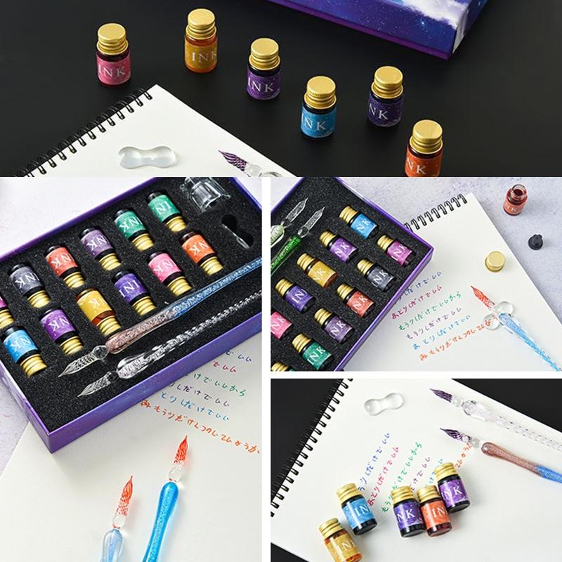 Verloopglazen Dip pennen met Inkt Cadeauset met 12 Goudpoeder Inkten Reinigingsbeker Pennenhouder voor Schrijver Kunstenaar Student Kind