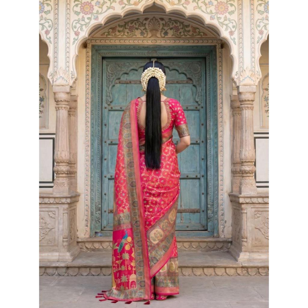 Elegant Pure Dola Silk Saree with rich Jacquard Weaving all over Saree