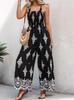 2026 Summer Women's Strappy Pocket Jumpsuit with Printed Wide-Leg Pants