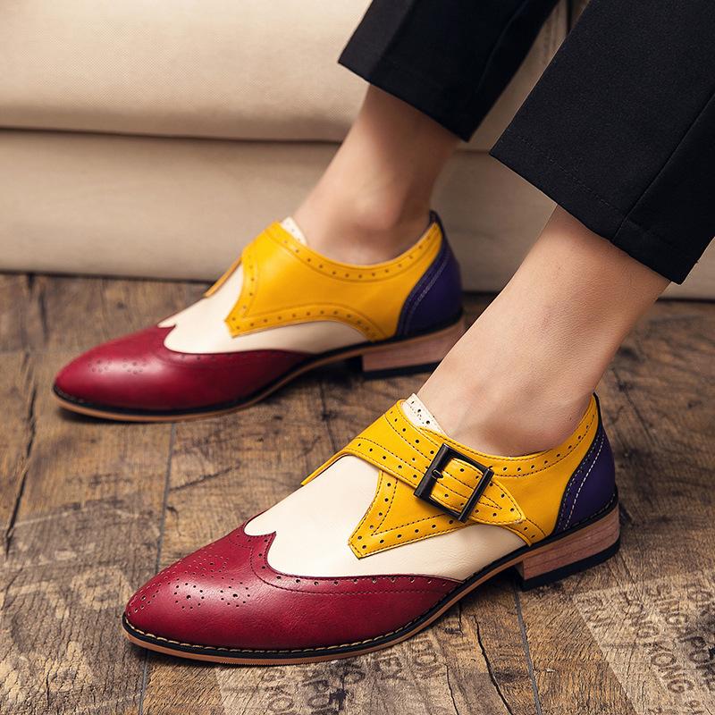 

Men s color matching leather shoes fashion trend catwalk casual pointed single shoes groom wedding shoes large size men s leather shoes 48 червоний
