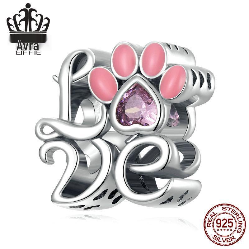 Bracciale Everlove in Argento Sterling s925 con Smalto Colorato a Forma di Zampa con Perline di Gatto e Cane