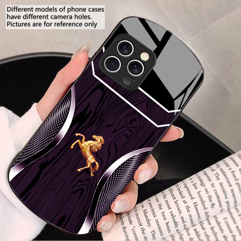 Wood Grain Golden Horse For IPhone 16 Pro Max 16e 15 Pro 14 13 12 Mini 11 XS Max XR 7 8 Plu SE 22 Elliptical Glass Phone Case