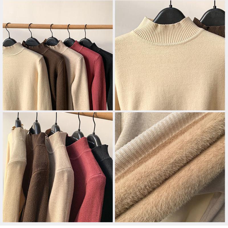 Slim Thicken Knitted Sweater Pullovers Woman Winter Sweater Casual Fleece Lined Warm Knitwear Tops