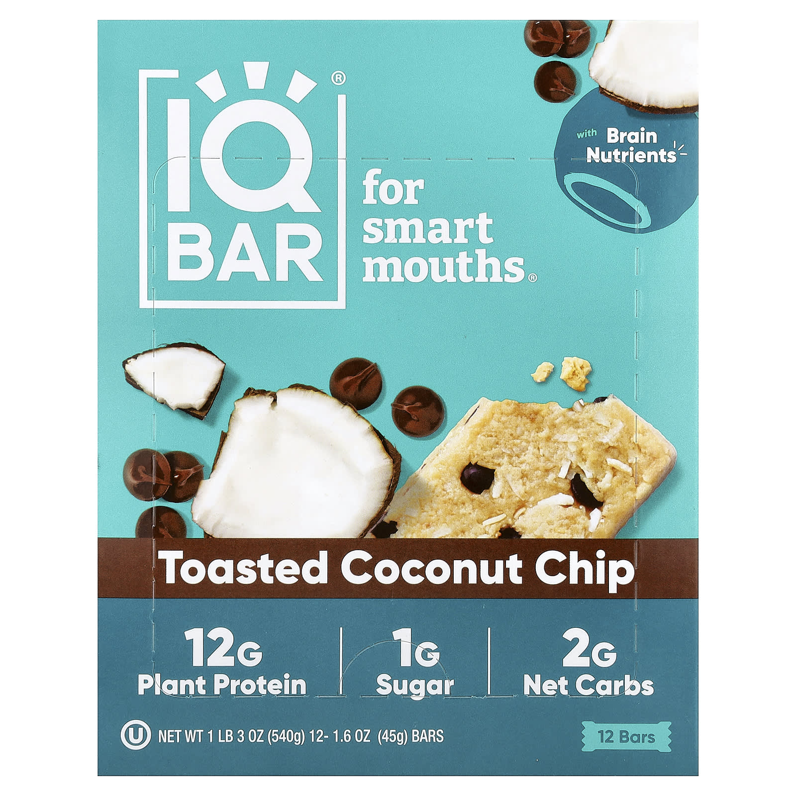 

IQBAR, Plant Protein Bar, Toasted Coconut Chips, 12 Bars, 45g (1.6oz) Each