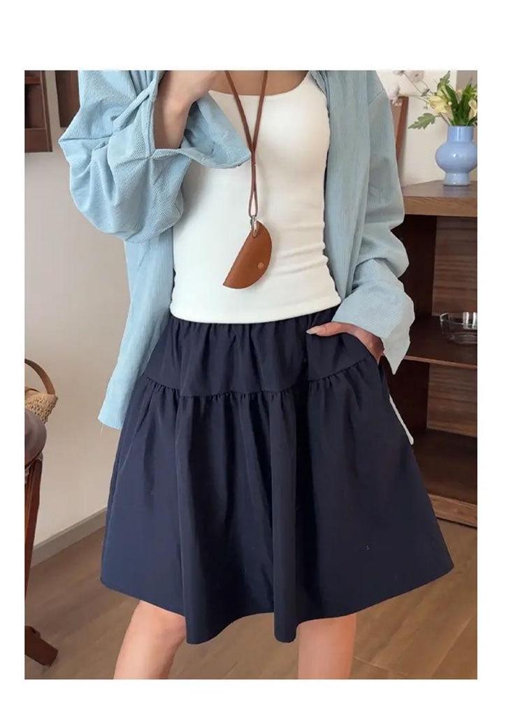 Women's Navy Blue High-Waisted A-Line Skirt, Slimming & Anti-Exposure, Tiered Japanese Academy Style, Half-Length Short Skirt