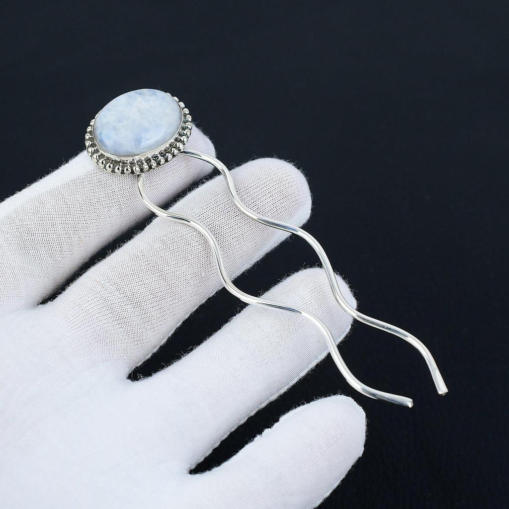 Moonstone Gemstone Handmade 925 Sterling Silver Hair Fork - Bridal Accessory, Hair Bun Holder for Thin and Thick Hair, Gifts For Her