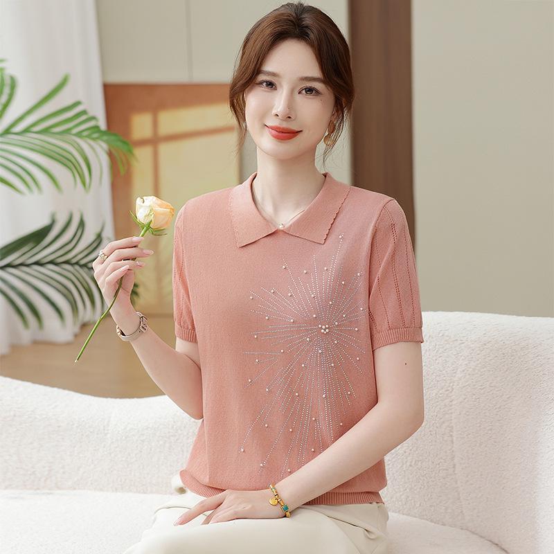 

New Arrival: Mother s Day Tencel Knit Pullover for Middle-Aged & Elderly - Short-Sleeved, Hollow-Out Top 5XL (Recommended 150-165 Jin) оранжевый/розовый