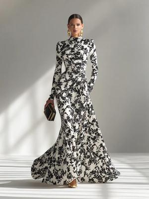 2026 Europese Mode Dames Jurk met Lange Mouwen, Print, Geplooide - Lente/Herfst Formele Stijl