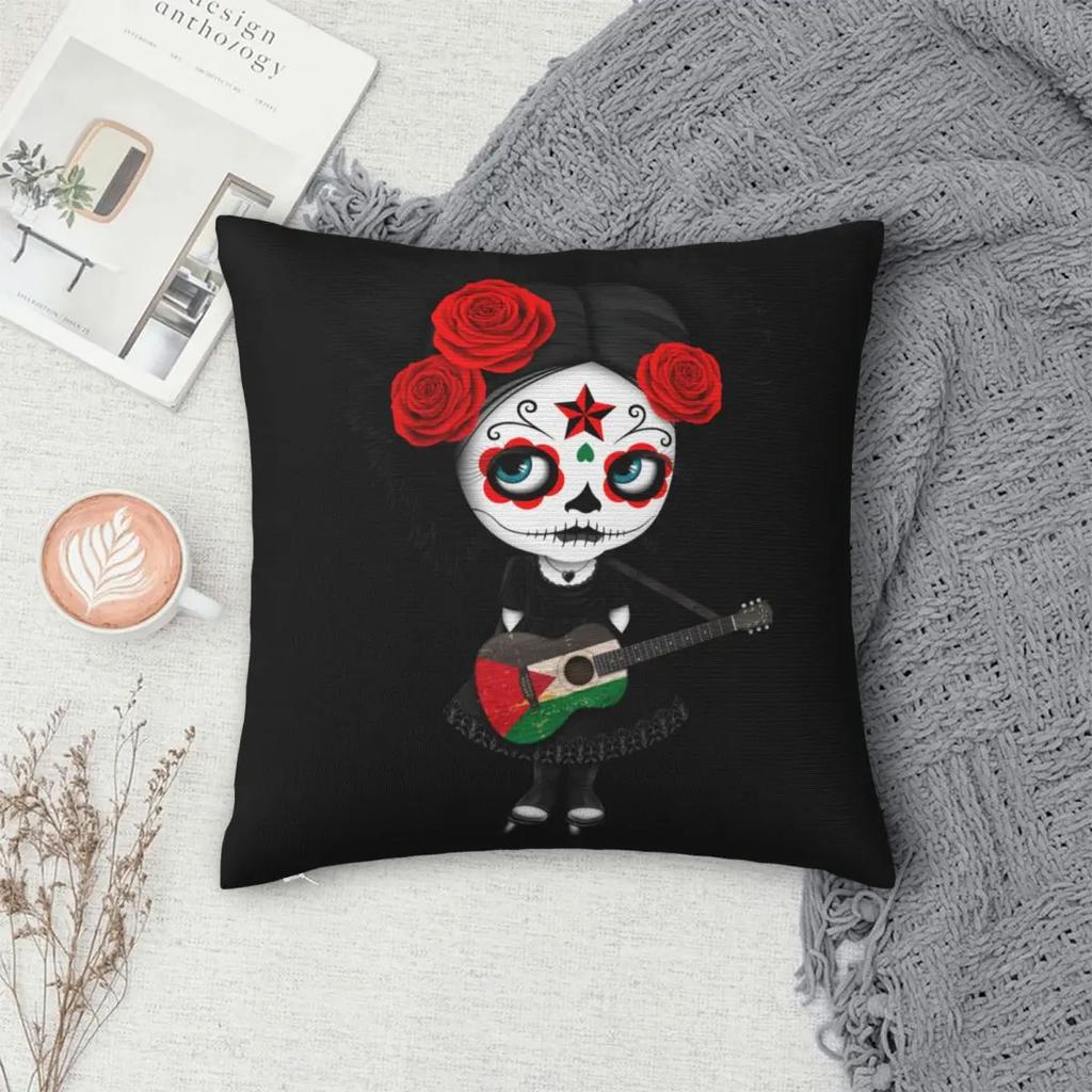 Sugar Skull Girl Playing  Flag Guitar Pillowcase Cushion Cover Decorations Halloween Horrible Pillow Case Cover Home