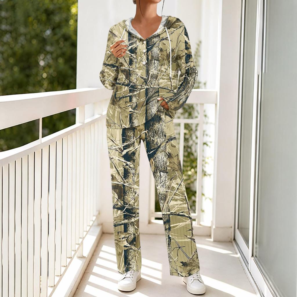 Women's Casual Hooded Pajama Set with V-Neck, Long Sleeves, Loose Fit, Print and Pockets for and Sleep