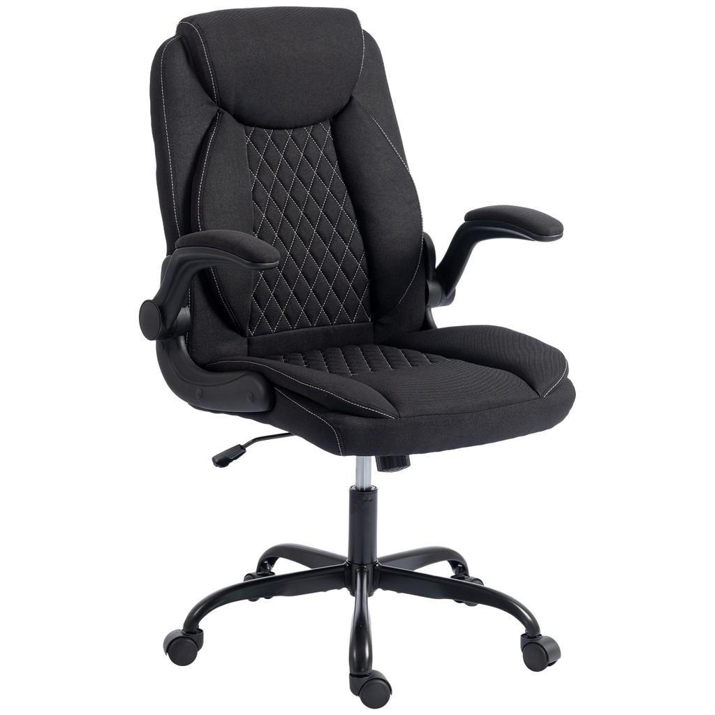 Linen-Look Computer Desk Chair, Executive Office Chair with Flip-Up Armrests and Thick Cushion, Black