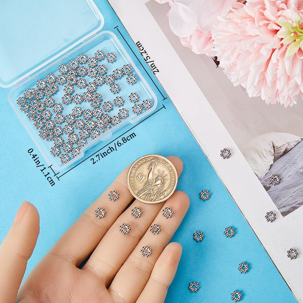 

Beebeecraft 1 Box 100Pcs 6mm Flower Spacer Beads Stainless Steel Tibetan Style Round Floral Granulated Loose Beads with Large Hole for DIY Craft