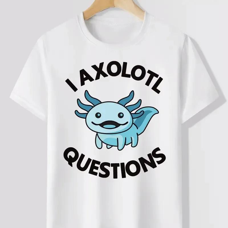 Cute I AXOLOTL QUESTIONS Letter Print Boys Creative T-shirt Casual  Comfy Short Sleeve Crew Neck Tops Kids Clothings for Summer
