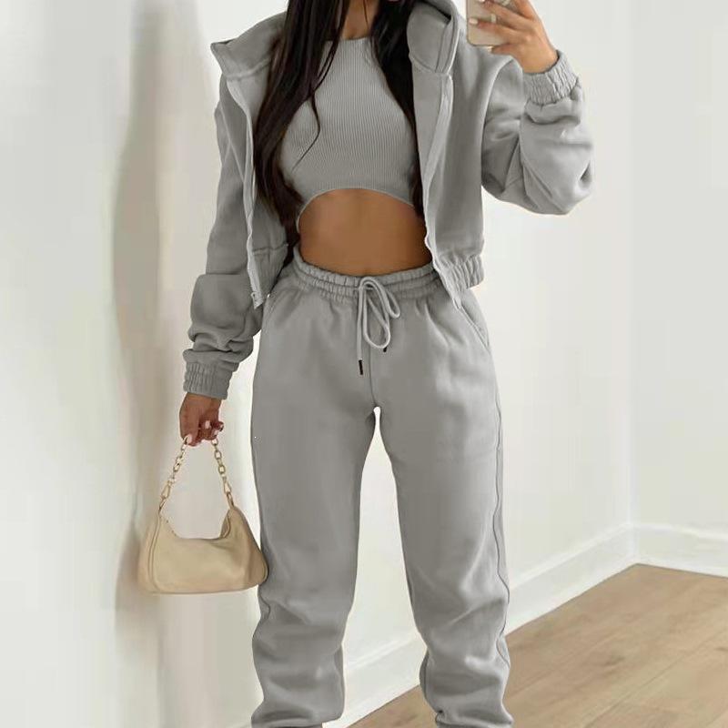 Ensemble de sport trois pièces pour femme Coupe ample Veste à capuche manches longues Pantalon jogger taille haute à cordon de serrage Automne Hip Hop Doublé polaire