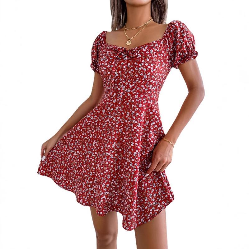 Women's Spring and Summer Leisure Flared Sleeve Drawstring with Floral Big Swing Dress