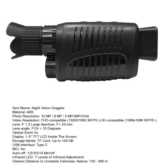 1 Set Digital Night Vision Device Support TF Card USB Rechargeable Adjustable Long Infrared Digital Zoom 5X Photography