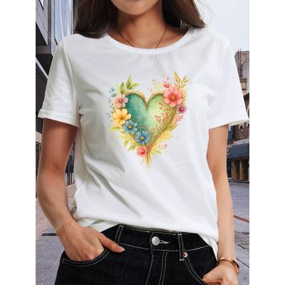 Women's Short-sleeved T-shirt with a -green Heart Surrounded by a Colorful Wreath - Breathable, Soft