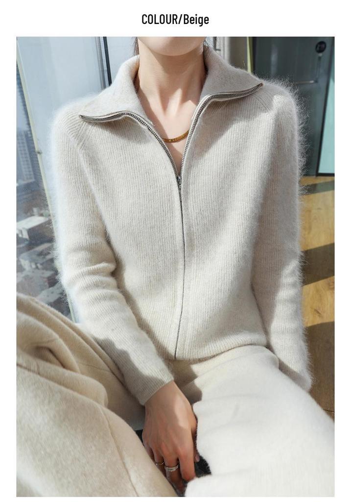 Lekasha 100% Mink Cashmere Zipper Knit Cardigan - Women's Loose, Versatile Autumn/Winter Outerwear