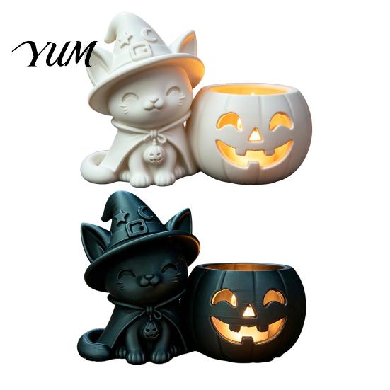 Spooky Home Decoration Halloween Black Cat Pumpkin Candlestick, 3D Printed Witch Candle Decorative Figurine for Fall Holder with Tealight Cup,