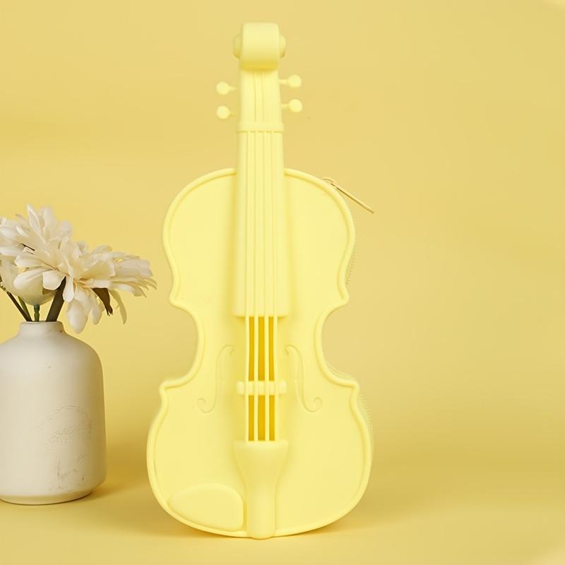 Violin Pencil Case with Musical Note Cutouts, Cute Silicone Pen Box & Makeup Pouch, Gift for Music Lovers, School Office Decor