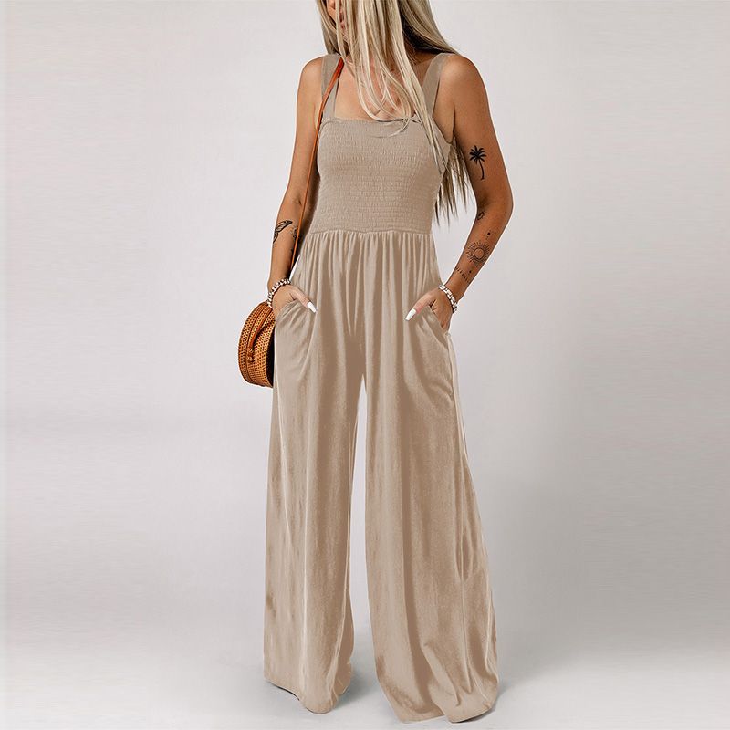 2024 Summer New Arrival Black Square Collar Smocking Jumpsuit Women European and American Leisure Slim Looking Suspenders Loose Pants Women