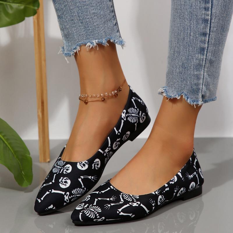 Fashion Women's Fashion Flat Shoes Autumn New Pointed Head Shallow Mouth Cloth Surface Printed Soft Sole Non-slip Low Top Shoes