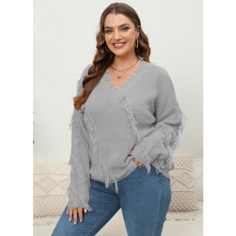 

Женский свитер-пуловер в стиле пэчворк с V-образным вырезом и бахромой большого размера в осеннем стиле 3XL серый