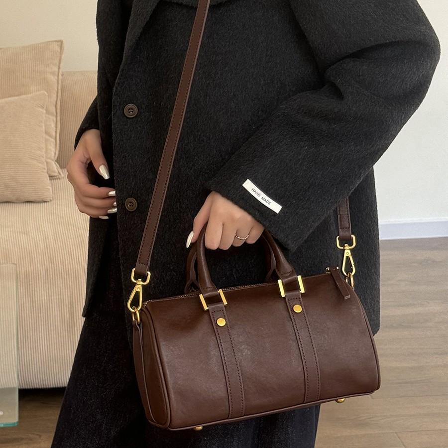Leather Maillard Retro Handbag Women'S Bag Light Luxury Foreign Style Boston Bag Vegetable Tanned Cowhide Messenger Bag Bag
