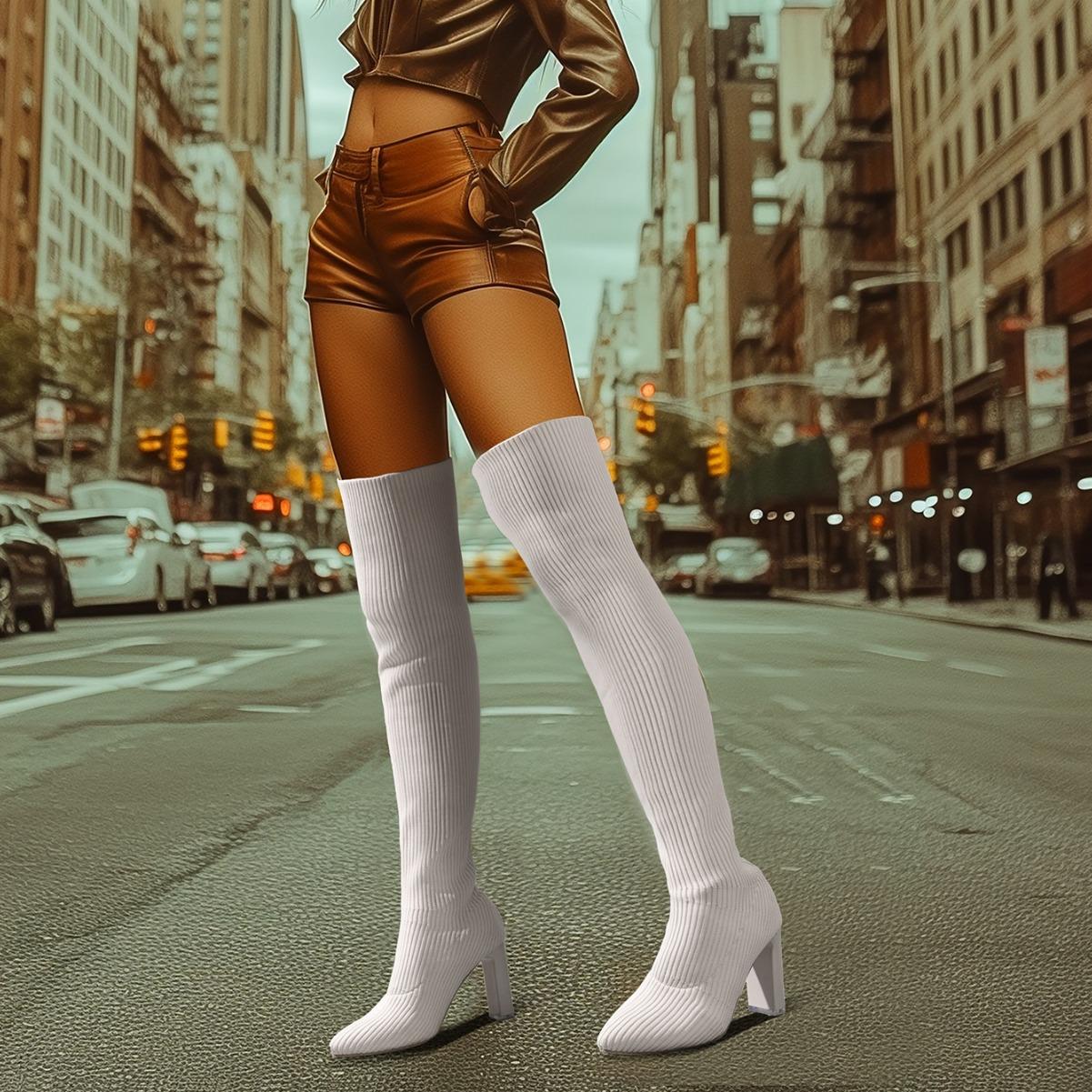 

Autumn and winter new thick high-heeled knee boots fly-woven elastic wool sleeve pointed women s boots large size women s shoes 43 білий