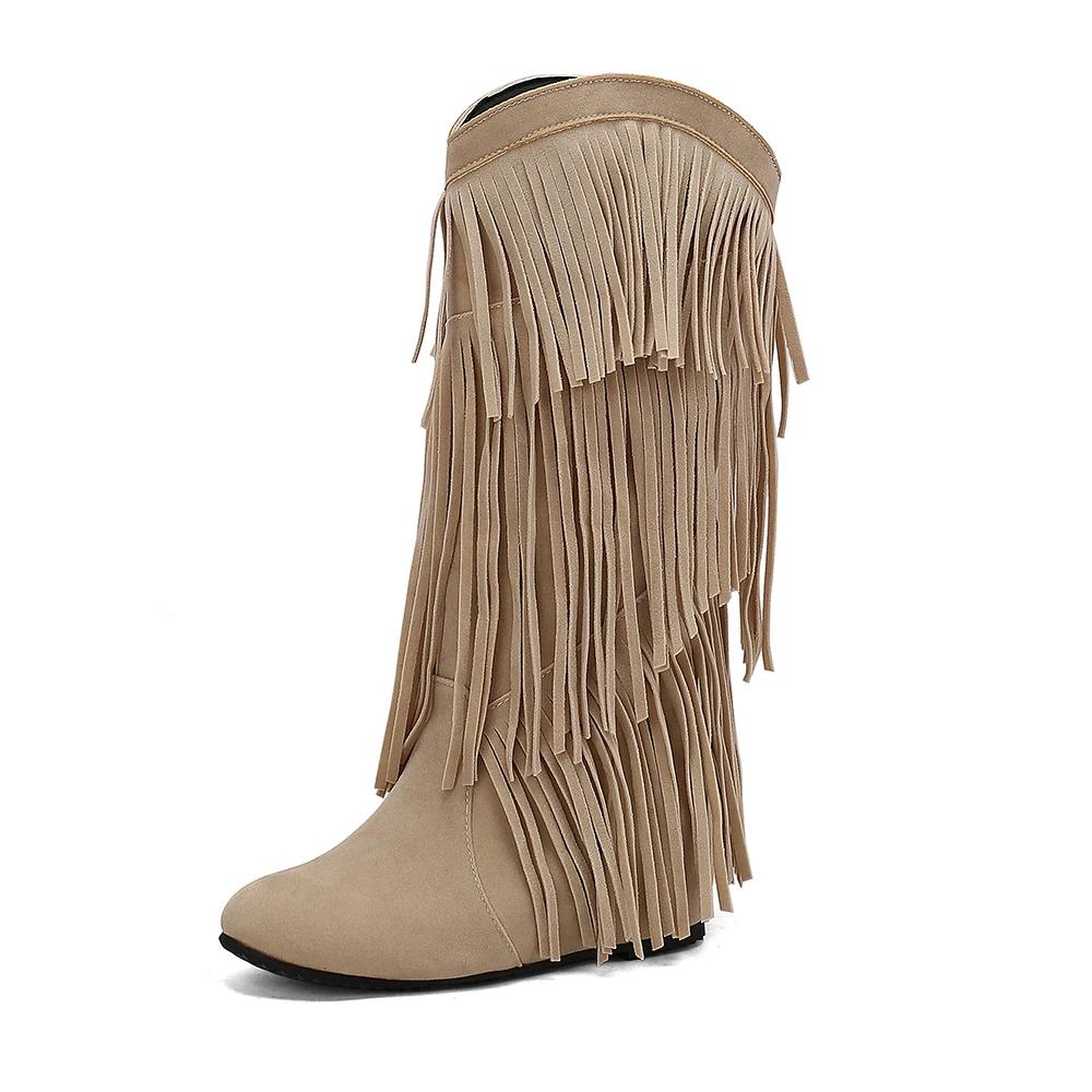 Women's Round Toe Wedges Boots Tassel Winter New Bohemian Flock Mid-calf Boot Female Warm Plush Lined Platform Knee High Boots