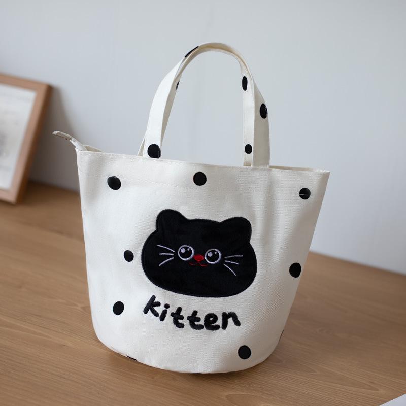 Women's Versatile Embroidered Canvas Tote Bag - Kitten Design, Handheld, Portable, Perfect for Moms or Lunch Storage