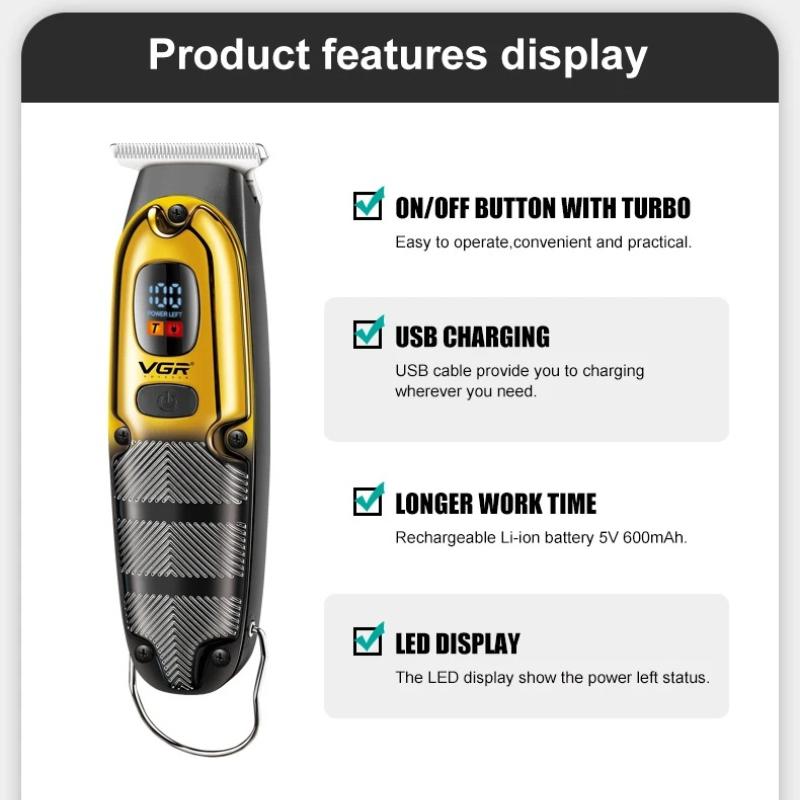 VGR Portable Electric Hair Clipper USB Charging Professional Styling Trimmer with Intelligent Digital Display Clipper Carved Home Razor Shaver V-981