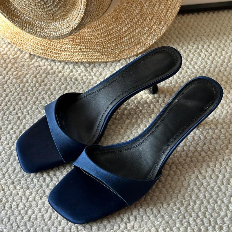 Sheepskin version~ Temperament high-heeled cool slippers wear one-word square head open-toed minimalist style fine-heeled sandals women