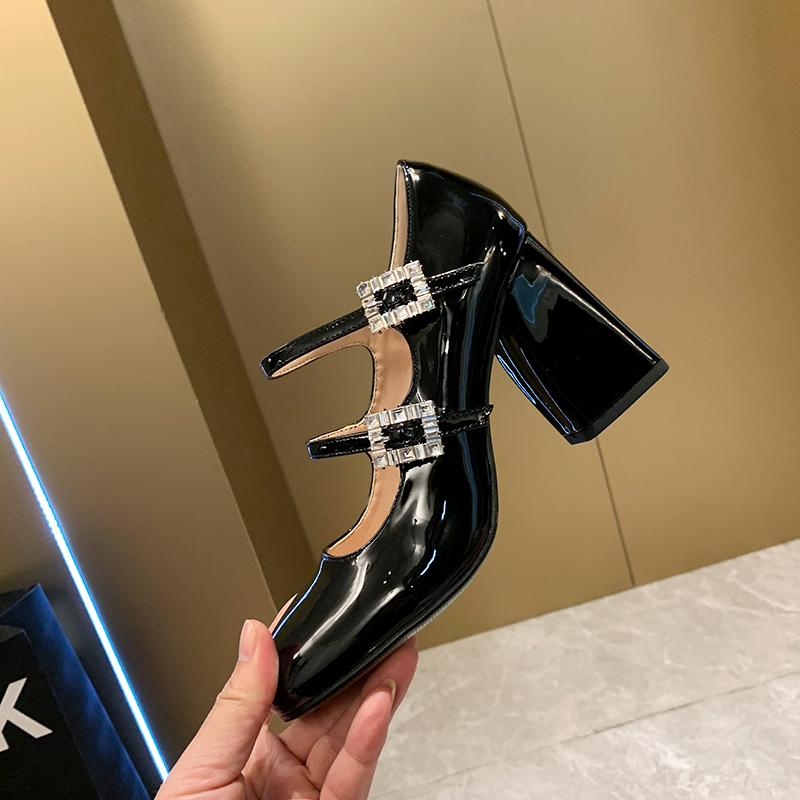 Fashion Women Double Buckle  Janes Shoes 2025 Spring New Patent Leather Dress High Heels Square Heel Thick Heel Diamond Single Shoes