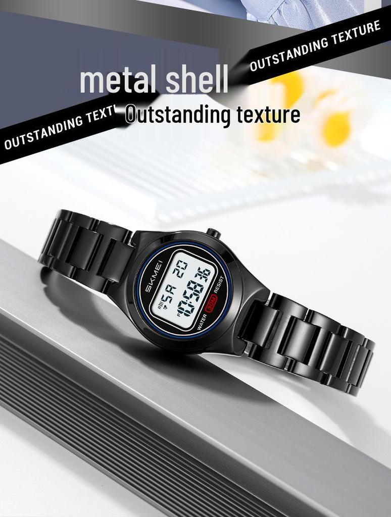 Shíkèměi 2334 Multifunktionale LED-Elektronikuhr für Damen mit Stahlarmband