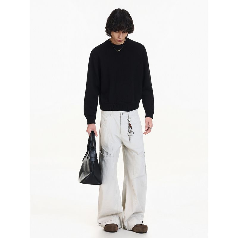 Blaexit American Minimalist Short Sweater for Men, Winter Loose Round Neck Inner Layer, Commuter Black Knit Top