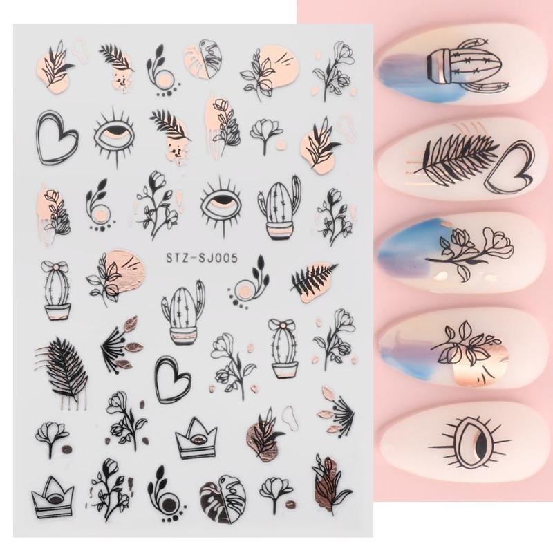 Graffiti Strips Nail Stickers for Women Nail Art Decorations Rose Gold Abstract Line Spring 3D Slider for Manicure Polish Tattoo