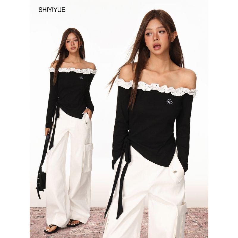 Shiyiyue Pure and Sensual Design Off-Shoulder T-Shirt for Women, Autumn One-Shoulder Color-Block Polka Dot Lace Waist-Cinching Long Sleeve