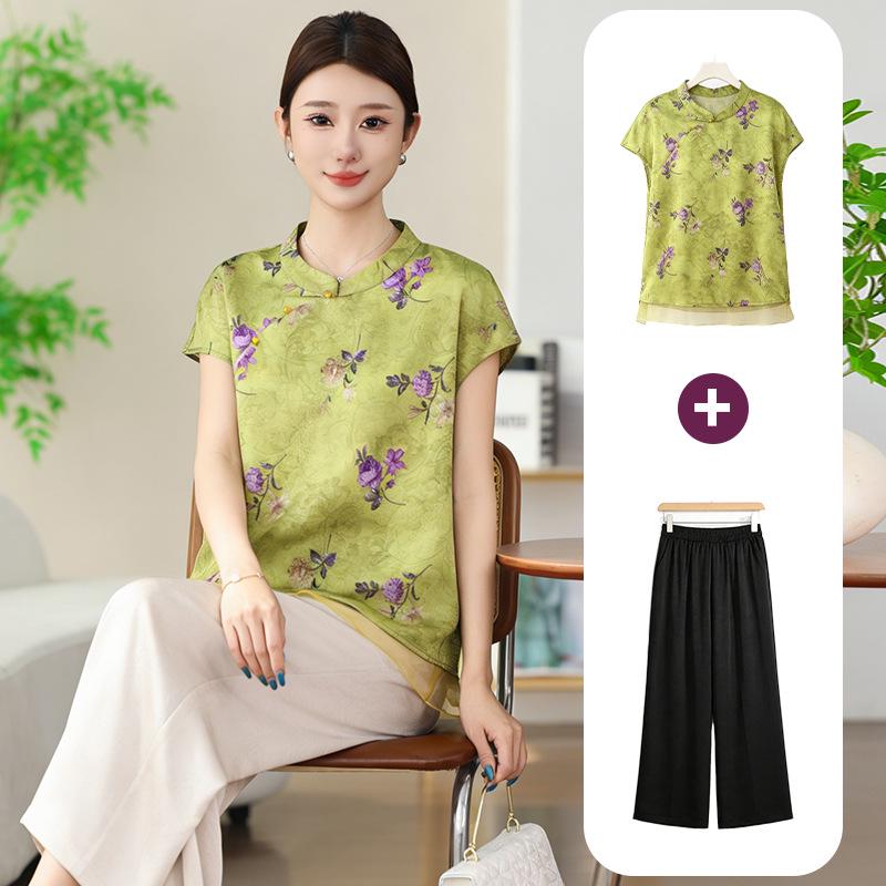 Summer Casual Chinese Style Suit: Diagonal Lapel Top with Frog Buttons for Middle-Aged Women - Lightweight Two-Piece Set