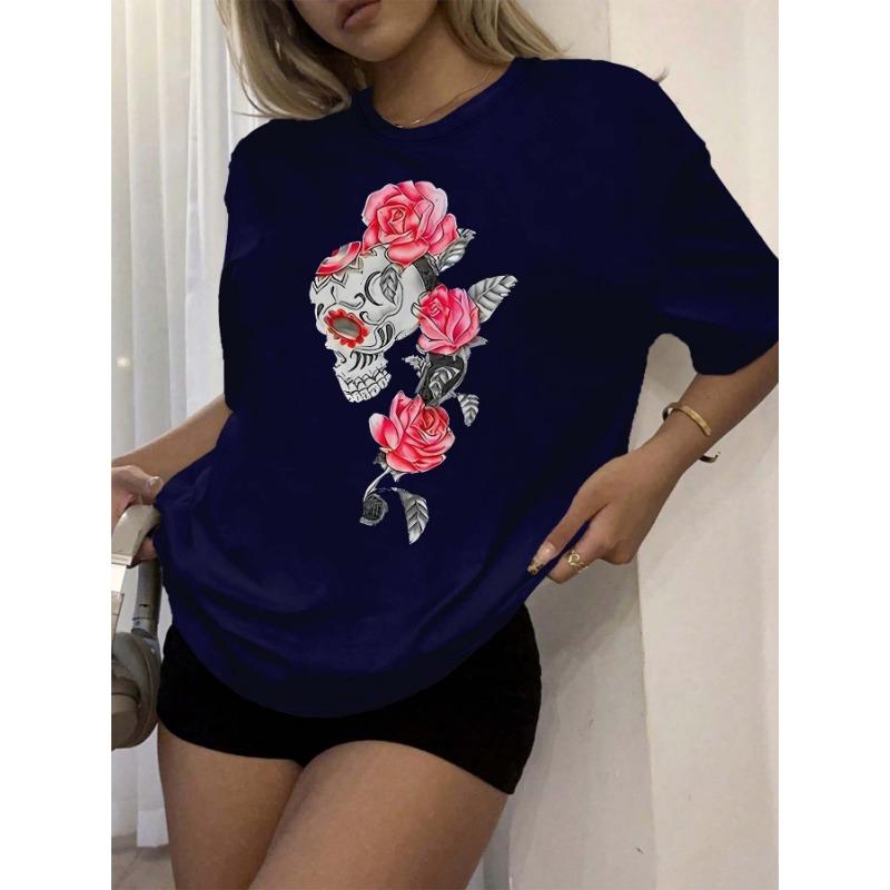 Plus Size Artistic Skull And Rose Print Casual Chic Tee