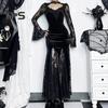 Rochie Cosplay pentru femei, stil întunecat, costum de petrecere de Halloween, dantelă, mozaic, broderie de flori, tivul cu coadă de pește, mâneci lungi, talie strânsă, performanță în linie A