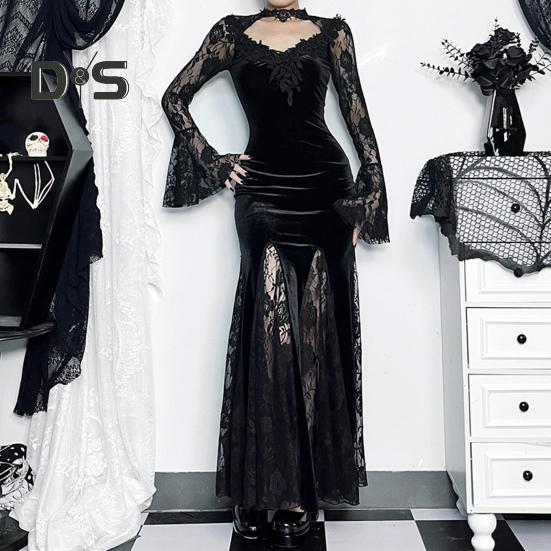 Women Cosplay Dress Dark Style Halloween Party Costume Lace Patchwork Flower Embroidery Fish Tail Hem Long Sleeves Tight Waist A-line Performance