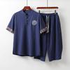 Kurzarmanzug Herren Sommer Dünnes Scheibenknopf T-Shirt Tide Chinesischer Stil Herren Baumwolle und Leinen Retro Stehkragen Zweiteiler