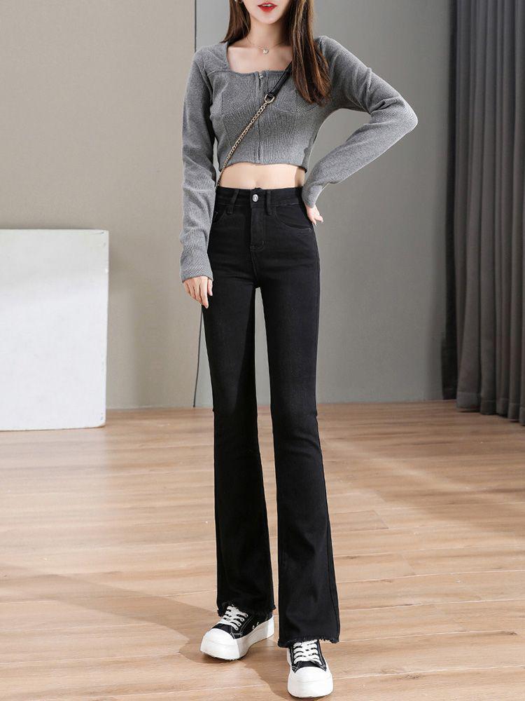 2024 Women's High-Waisted Black Micro-Flare Jeans - Slimming, Petite, Elastic Bell Bottoms with Raw Hem