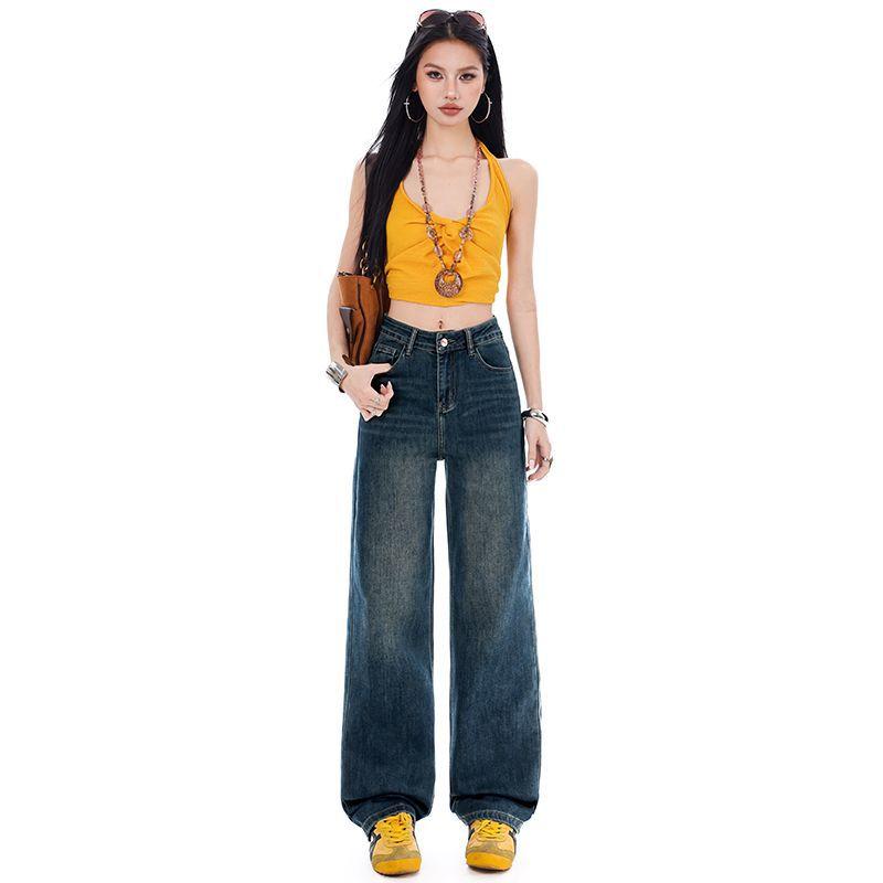 Spring Summer Vintage High Waist Relaxed Slim Straight Floor Wide Leg Denim Pants For Ladies Casual Pants Oversize Denim Trousers