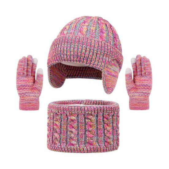 3Pcs/Set Kids Hat Scarf Gloves Set Colorful Twist Texture Hat Thickened Plush Lining Neck Gaiter Knitted Gloves Set