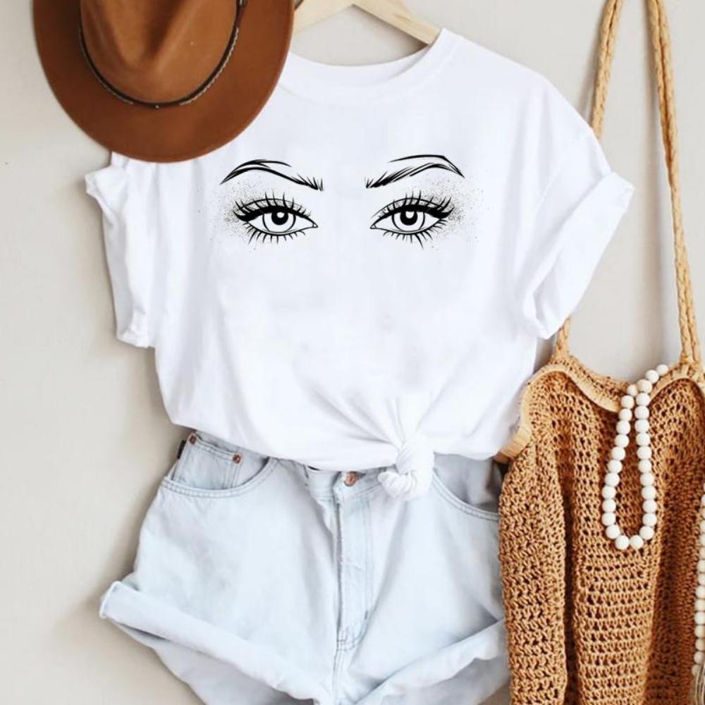 Make Up Letter Funny New Eye Eyelash Fashion Cartoon Summer Lady Print Tee Stylish T Top  Tshirts  Women Clothes